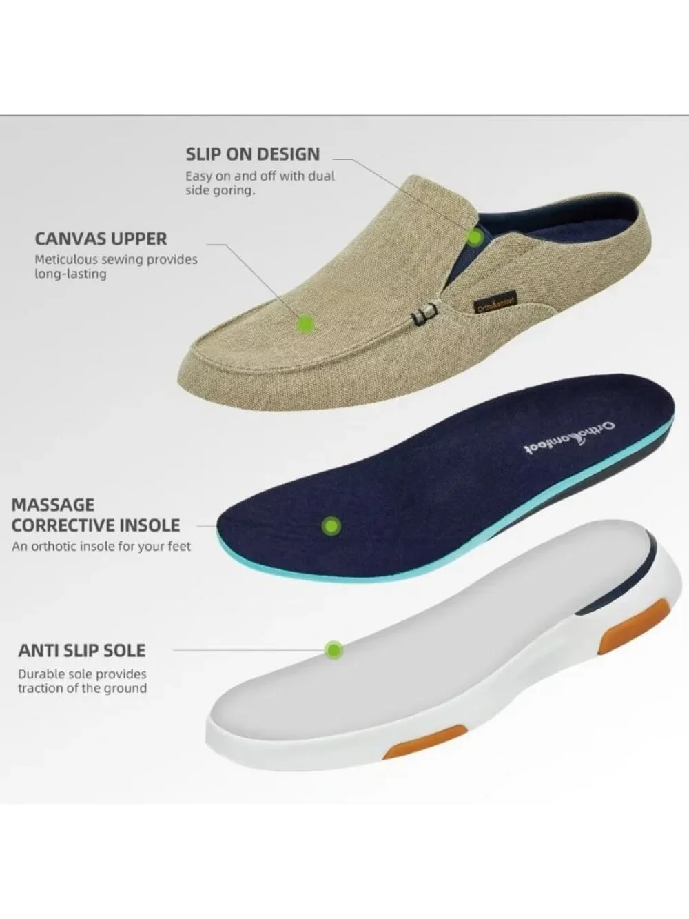 OrthoComfoot Men's Khaki Rubber Loafers Lightweight & Breathable Slip On Shoes